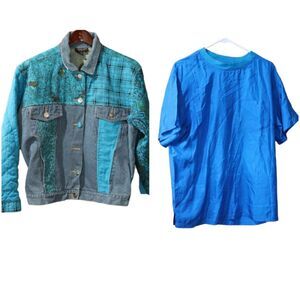 Carole Little Blue Denim Funky Patchwork Jacket & Silk Shirt Set 80s 8